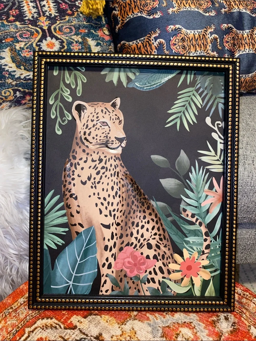 Framed Tan Leopard Jungle Print with Green Foliage